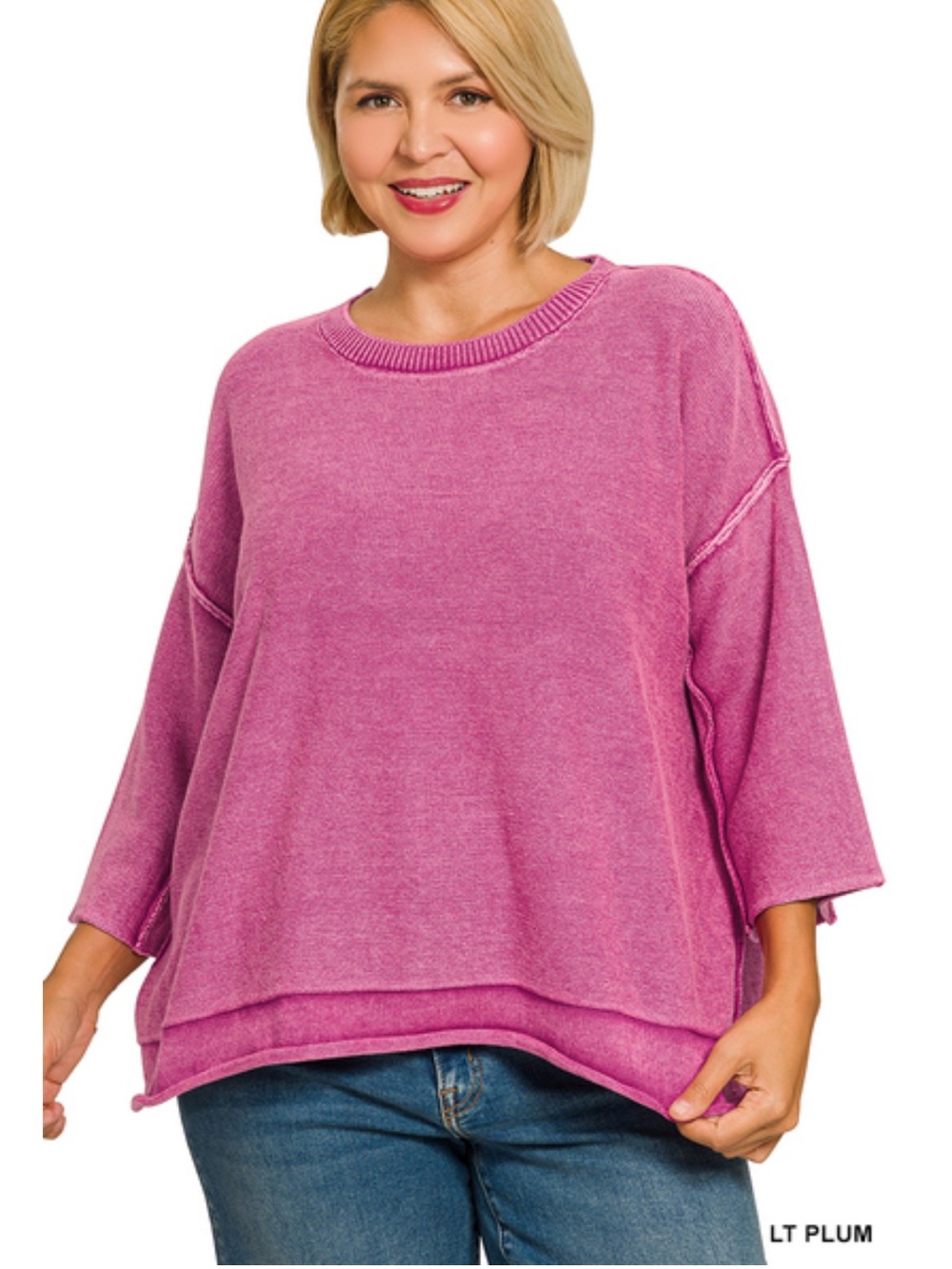 289 Zenana 1X - 3X light plum PLUS WASHED 3/4 SLEEVE
BOXY SWEATER